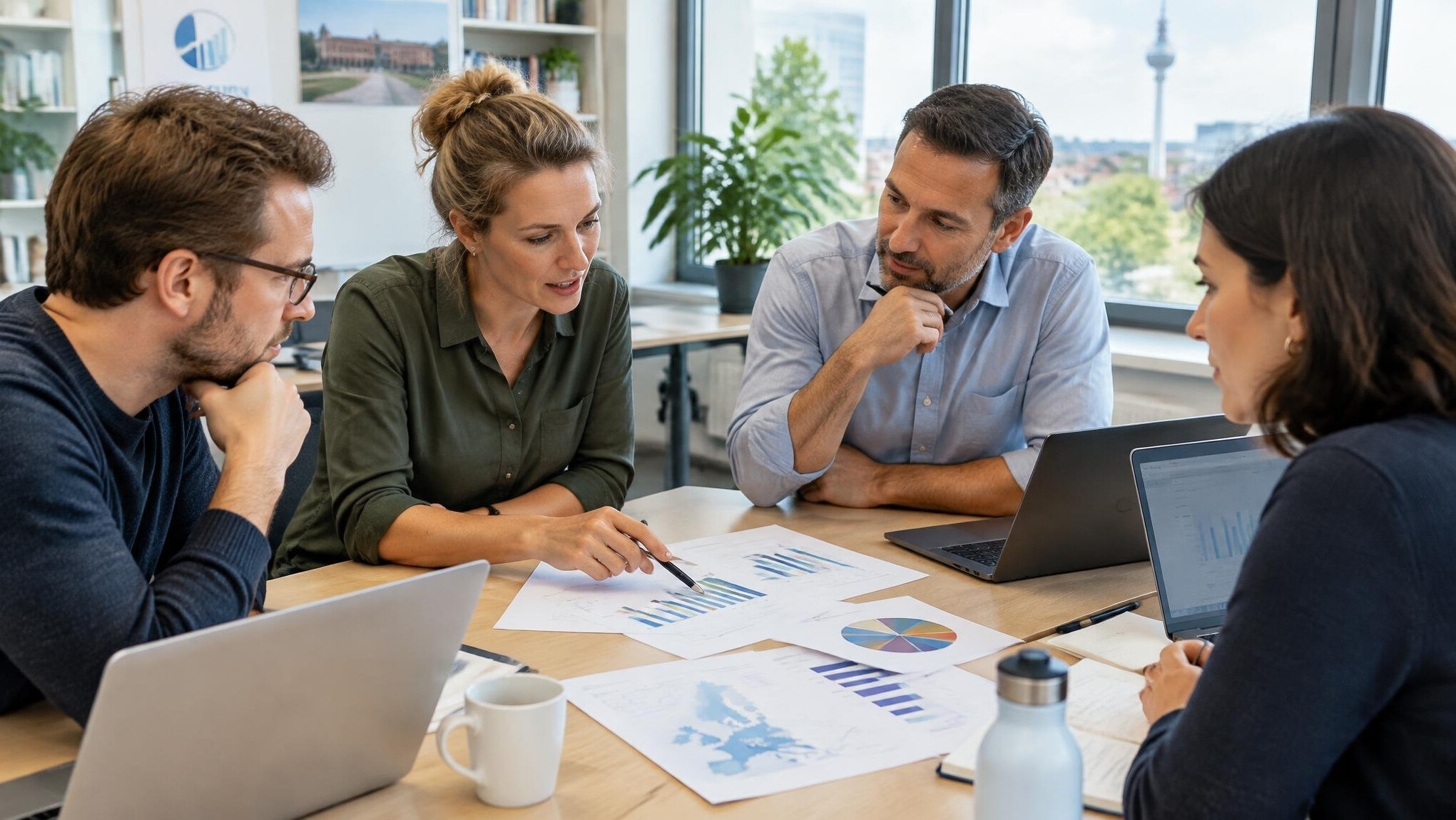 Group of researchers discussing survey results around a table in a bright office